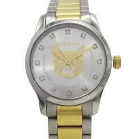 【二手名牌BRAND OFF】GUCCI 古馳 金色貓頭錶盤 鑽石 不鏽鋼 G-Timeless 腕錶