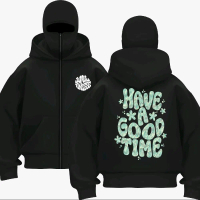 Jaket Hoodie Hitam dengan Desain 'Have A Good Time' - Jaket Zipper untuk Gaya Santai Anda