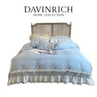 DAVINRICH Macaron Blue INS Princess Style Bedding Set With 2 Pillow Shams High End Washed Cotton Reversible Quilt Set Chic Decor