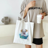 Cute Dog Shower Print Canvas Tote Bag for Women Trend 2024 Aesthetic Shopping Cloth Shoulder Bag Student Book Handbags Girl Gift