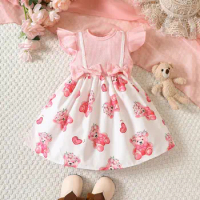 Summer flying sleeve fake two-piece patchwork teddy bear printed cute dress for small and medium-sized children and girls