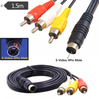 4 Pin Mini DIN S-Video Plug To 3 RCA Plug Cable S-Video 4-Pin Male To 3-RCA Male RGB Composite Video Cable 1.5m 5ft