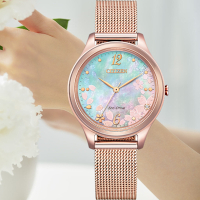 CITIZEN 星辰 LADYS 光動能 櫻花粉蝶貝 米蘭帶女錶 EM0508-80D 母親節 禮物