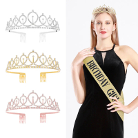Birthday Party Wedding Sash Crown Set Ribbons Shoulder Girl Princess Queen With Tiara Crown for Part