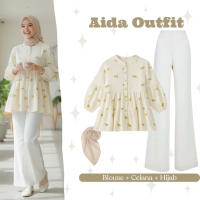 Aida Outfit BW49 | Setelan Wanita SImple Nyaman | OOTD Set Blouse + Celana + Hijab | One Set Korean 