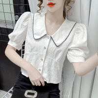 高腰短款白色襯衫女設計感小眾年夏季新款法式洋氣娃娃領上衣