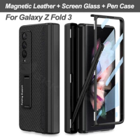 360 Degree Fold3 Magnetic Hinge Pen Case For Samsung Galaxy Z Fold 3 Leather Tempered Glass Phone Cover For Galaxy Z Fold3 Case