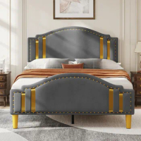 Queen Velvet Bed Frame with Adjustable Headboard, Upholstered Headboard and Footboard, Stable Metal Base &amp; Sturdy Wood Slats