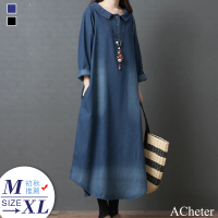 【ACheter】希臘風尚復古刷色顯瘦牛仔長洋裝#105295(黑/藍)