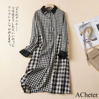 預購 ACheter 韓版寬鬆大碼時尚花邊格子棉麻感襯衫長袖中長版洋裝#120697(格子)