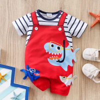Newborn Clothes Cute Cartoon 3d Shark Print Strap Fake Two Comfortable Summer Boys And Girls 0-18 Short Sleeved Baby Jumpsuit