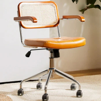 Retro Study Rattan seat Solid Wood Computer Lifting Chair Waterproof Office Swivel Chair Ergonomic Roller seat.
