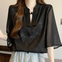 ＜1209＞  เสื้อเชิ้ตผ้าชีฟองสีดำกระดุมจีนสไตล์จีนไซส์ใหญ่ใหม่เสื้อแขนสามส่วนคลุมท้องคนอ้วนใส่แล้วดูผอม