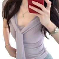 Summer Women's Short Sleeve T-Shirt with Straps, Slim Fit Korean Style 2025 New Design for Hot Girls