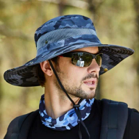 Summer Men Breathable Sun Hat Outdoor Traveling Fishing Hiking Hats Sunscreen Fisherman Bucket Hat Wide Brim Male Cap UV Protect