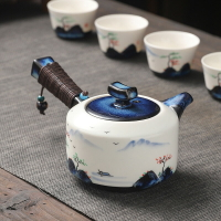 天目釉側把壺單茶壺 家用手繪山水圖復古泡茶器茶壺手把綁繩茶壺