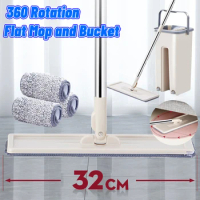 Floor Magic Flat Squeeze Mop with Bucket Hand Free Lazy Cleaning Mop Microfiber 360° Rotating Self-Wringing Mop House Cleaning