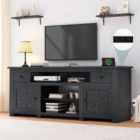 Farmhouse TV Stand, Entertainment Center with Power Outlet for TVs Up to 80 Inch, TV Console with Movable Partition &amp; Shelf