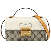 【GUCCI 古馳】Padlock Mini 經典雙Ｇ緹花皮革拼接迷你手提包兩用包(駝/黃)