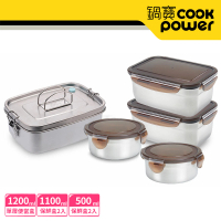 【CookPower 鍋寶】不鏽鋼餐盒組(單層便當盒1入+1100ml保鮮盒2入+500ml保鮮盒2入)