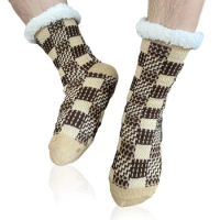 TANABATA Men's Plaid Winter Snow Socks Soft Warm Fuzzy Fleece Lined Grippers Outdoors Slipper Socks Plus Size 44 Happy New Year