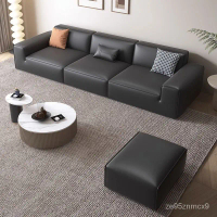 New Baxter Big Black Cowhide Leather Sofa, Simple Modern Design for Small Apartments, Straight Row, 