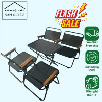 [4 ghế 1 bàn] Bộ bàn ghế xếp gấp gọn camping khung tròn kèm bàn nan lá sắt siêu bền, sang trọng