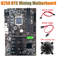 B250 BTC Mining Motherboard With CPU Cooling Fan+2XSATA Cable 12Xgraphics Card Slot LGA 1151 SATA3.0 For BTC Miner