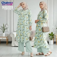 Once One Set Wanita Kekinian Tunik Ruffle Rayon Diamond Baju Setelan Celana Kulot Crinkle LD 110 cm 