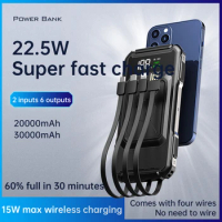 30000mAh Wireless Power Bank Portable Charger Powerbank for iPhone 15 Huawei Xiaomi Super Fast Charging Poverbank Built in Cable