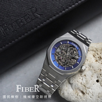 FIBER 法柏 競速先鋒系列 國民橡樹 骨雕鏤空機械腕錶-銀×藍/41mm FB8017-2-06