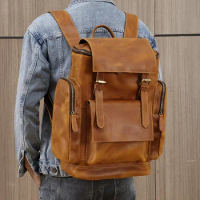 Retro Genuine Leather Men's Backpack First Layer Leather Travel Backpack Large Capacity Natural Cowhide Laptop Bag