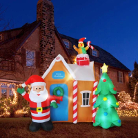 6 Ft Christmas Inflatable Santa's House with Christmas Tree &amp; Gingerbread Man LED Blow Up Yard Decorations Christmas Party Toys