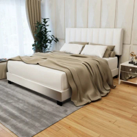 White Queen Size Upholstered Bed Frame With Adjustable Headboard, Linen Fabric, Clean White Style Modern Popular Style