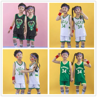 ชุดเสื้อผ้าบาสเกตบอลเด็ก รุ่น Milwaukee Bucks เบอร์ 34 จานนีส แอนเตโตโคัมโป