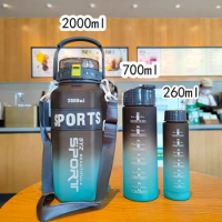 3Pcs Motivational Water Bottle with Straw &amp; Time Marker Portable Water Bottle 2L+700ML+260ML Leakproof for Office Gym Workout