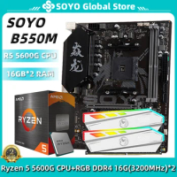 SOYO B550M Motherboard Kit and Processor Memory Ryzen 5 5600G CPU RGB Lighting RAM DDR4 16GB×2 3200MHz Desktop Computer Combo