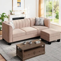 Sofa, convertible combination, 3-seater L-shaped, with high armrests, made of linen fabric, suitable for living rooms (beige)