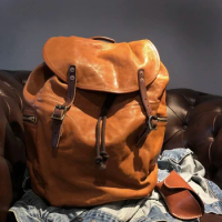 Leather Backpack Men's Leather Backpack Men's Retro Leisure Travel Bags Genuine Leather Men Solid Bag Shopping Bag Shape Big