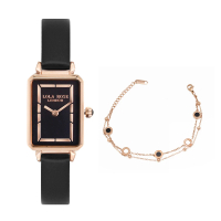 【LOLA ROSE】簡約黑面 玫瑰金框 皮革錶帶 方形手錶 女錶 贈手鍊(LR2133)