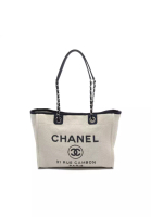 CHANEL 二奢 Pre-loved Chanel Deauville chain shoulder bag chain tote bag straw leather off white Navy silver hardware