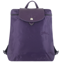 Longchamp LE PLIAGE 紫色再生尼龍皮邊刺繡折疊後背包