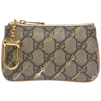 【GUCCI 古馳】GUCCI 經典Horsebit系列Supreme印花帆布牛皮飾邊鑰匙/零錢包(米色774340-FACYR-8548)