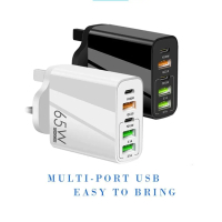 65W USB‑C charger (5V/4A), dual PD + three USB ports, multi‑port adapter for Xiaomi and iPhone, fast