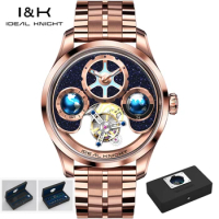 IDEAL KNIGHT Blue Earth Tourbillon Flywheel Automatic Mechanical Watch for Men GMT Multi Temporal Zone Setting Men's Wristwatch