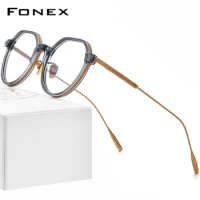 FONEX Acetate Titanium Glasses Frame Men Vintage Polygon Eyeglasses Women Spectacles Eyewear LILAC