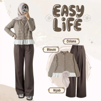 Outfit Cewek One Set Korean Style (Blouse Wanita Korean Style + Celana Kulot Wanita + Hijab Segi Emp