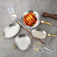 不銹鋼上菜碟雙耳旦形海鮮盤創意龍蝦盤子小吃盤魚盤牛排自助餐盤