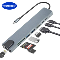 Trumsoon USB C Hub to RJ45 Lan 4K HDMI-Compatible Type C PD USB 3.0 2.0 SD TF for MacBook iPad Samsung S21 Dex HDTV Projector
