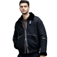 Denny&amp;Dora Mens Shearling Jacket Black Leather Flight Jacket Short Style Turkey Imported Merino Sheepskin Jacket